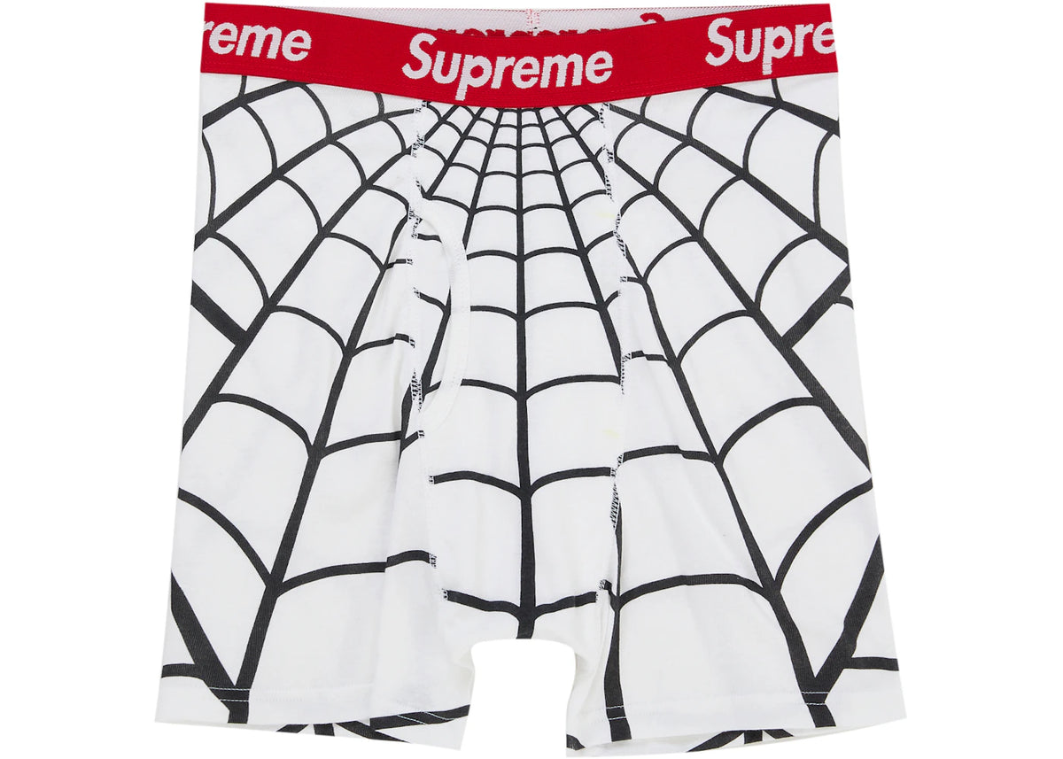 Supreme Hanes Spider-Man Boxer Briefs (2 Pack) White, vooraanzicht met zwart spinnenweb op wit en rode Supreme-band