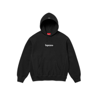 Supreme Box Logo Hooded Sweatshirt zwart, vooraanzicht met wit geborduurd logo op borst en rode labeldetail