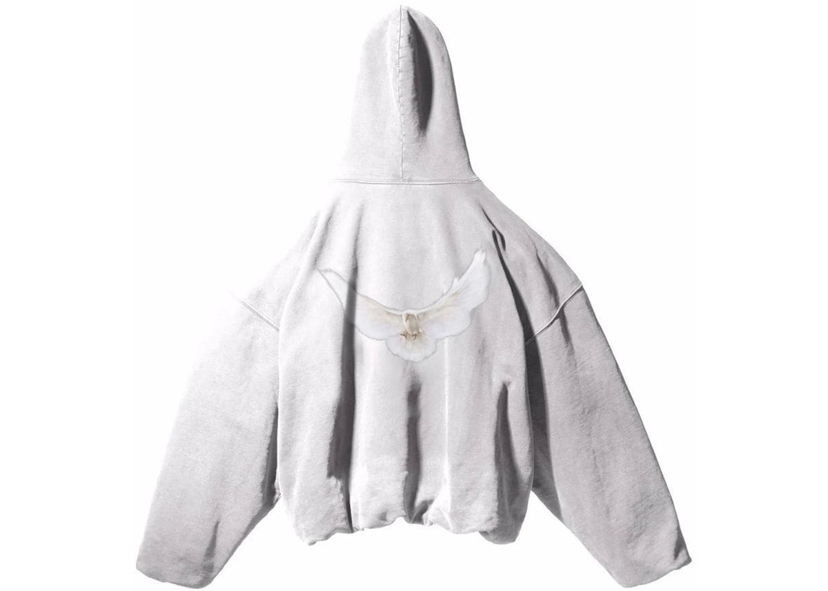 Yeezy Gap Engineered by Balenciaga Dove Hoodie White, achteraanzicht met kap, wit fleece met trekkoord en ruime mouwen