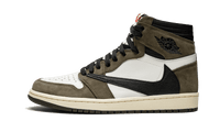 Air Jordan 1 Retro High Travis Scott "Cactus Jack" zijaanzicht met olijfgroen suede, wit leer en zwart swoosh