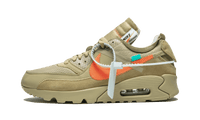 Nike Air Max 90 Off-White Desert Ore, zijaanzicht met beige suède, oranje en turquoise swoosh, witte veter