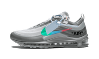 Nike Air Max 97 Off-White Menta, zijaanzicht met turquoise swoosh, grijze en witte kleurvlakken, zichtbare Air-unit in zool