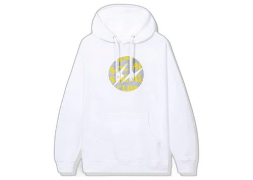 Anti Social Social Club x Fragment Called Interference Hoodie vooraanzicht, wit met geel gestreept cirkellogo op borst