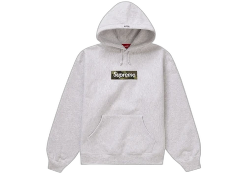 Supreme Box Logo Hooded Sweatshirt (FW23) Ash Grey, vooraanzicht met kap en zwart Box Logo-label op de borst